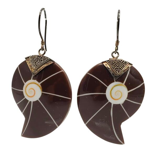 Sterling Silver Brown Resin Earrings Nautilus Shell Boho Beach Holiday 925 Vtg - Picture 1 of 5